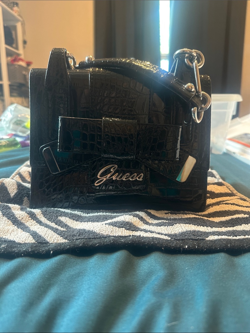 Vintage Y2K Guess Black Croc Embossed Mini Flap Shoulder Bag w/ Chain
